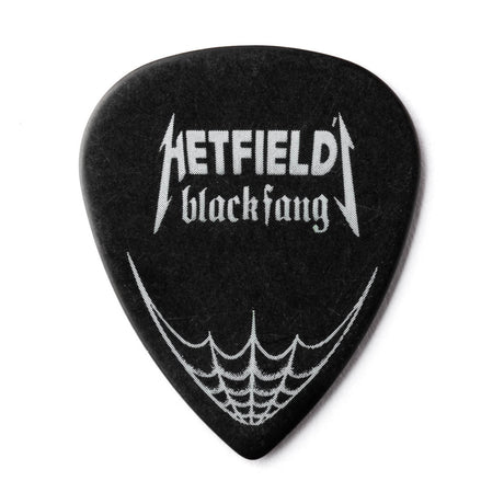 Black guitar pick with 'Hetfield' and 'black fang' text on a white background