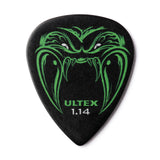 Guitar pick with green dragon design and 'Ultex' branding on a black background