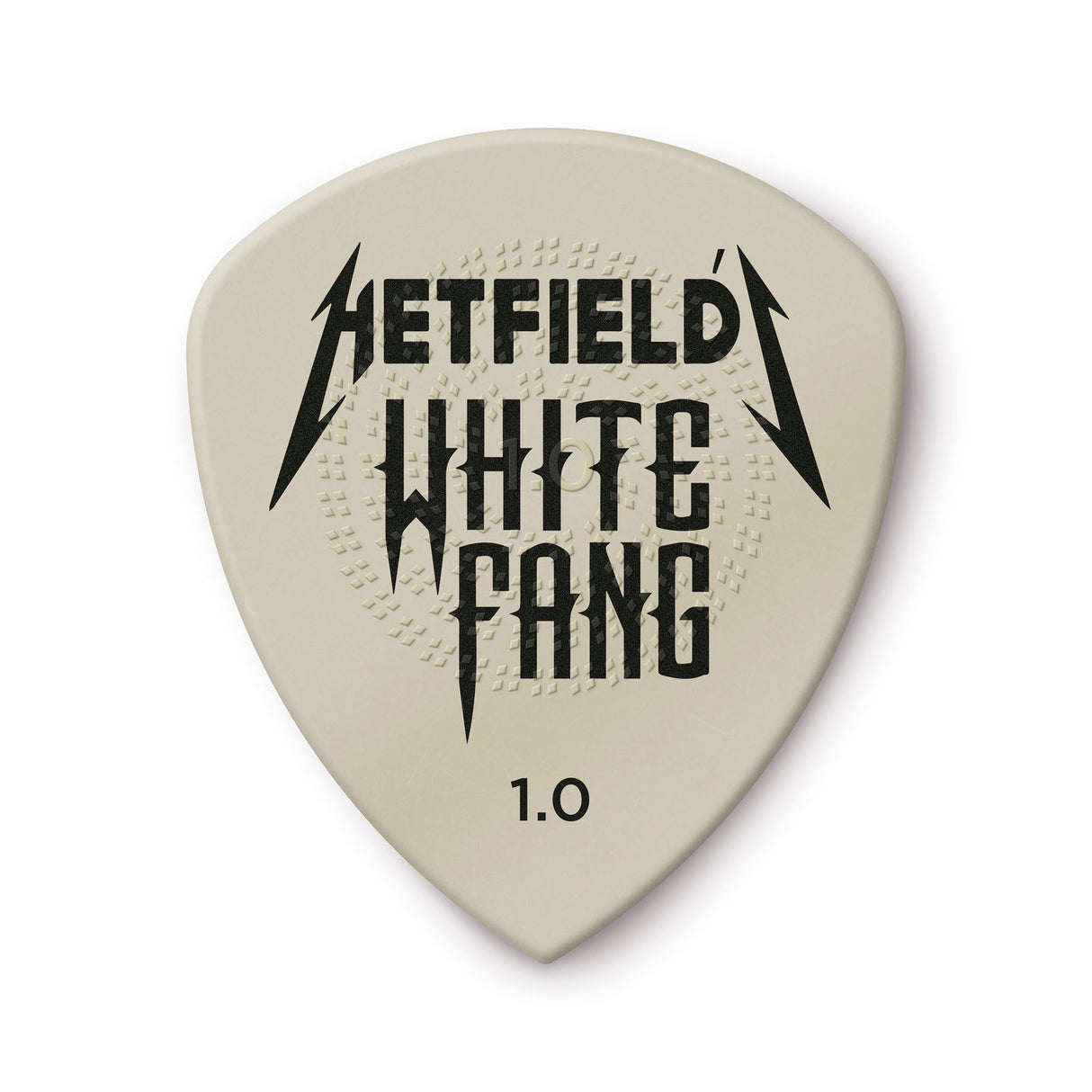 Guitar pick with 'Hetfield White Fang' branding on a beige background