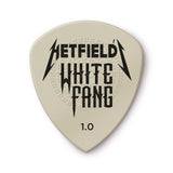 Guitar pick with 'Hetfield White Fang' branding on a beige background