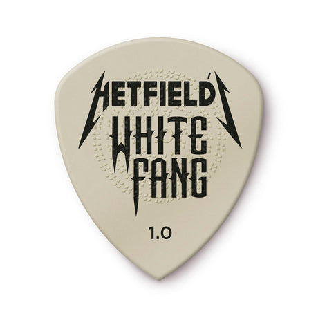 Guitar pick with 'Hetfield White Fang' branding on a beige background