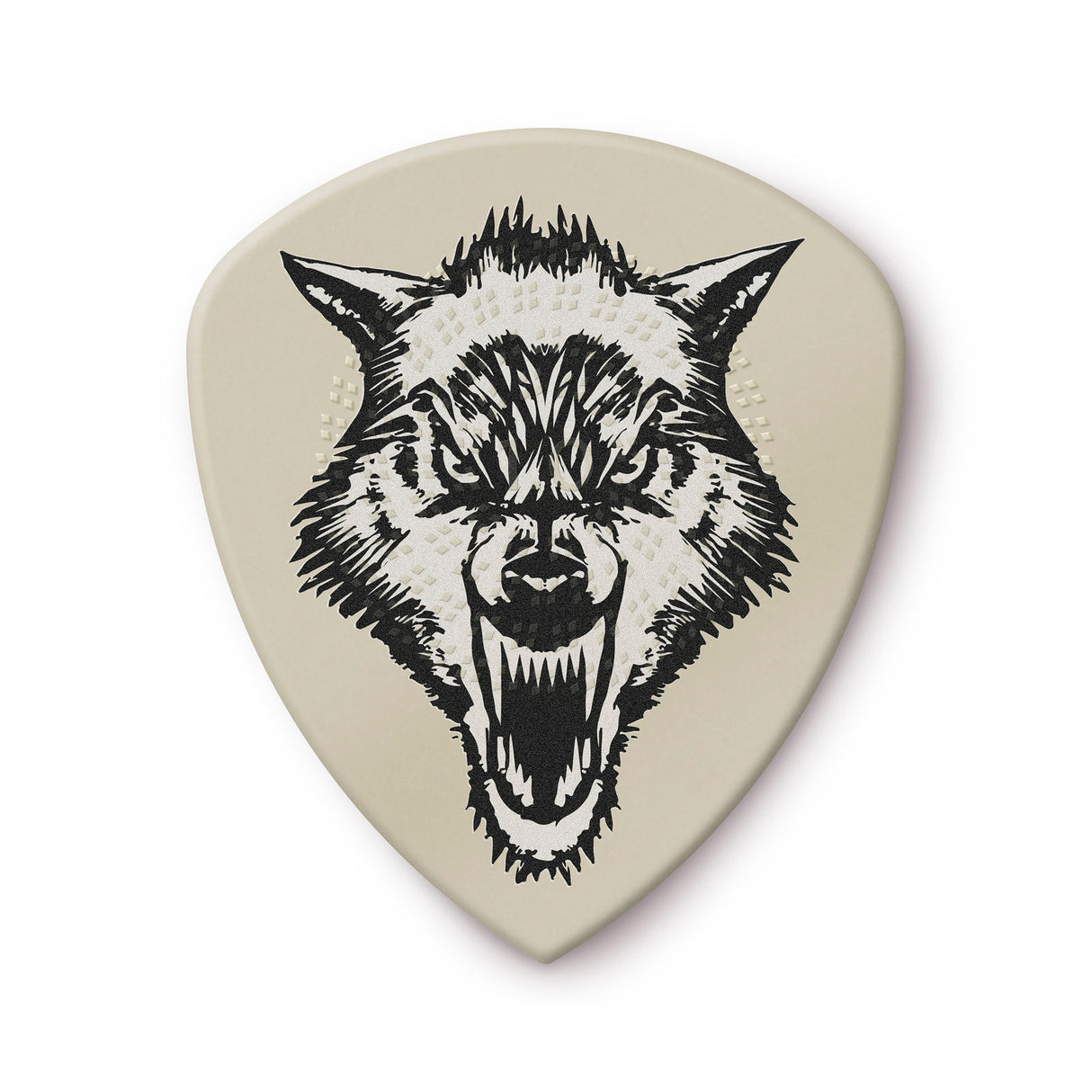 Guitar pick with a black and white wolf design on a beige background