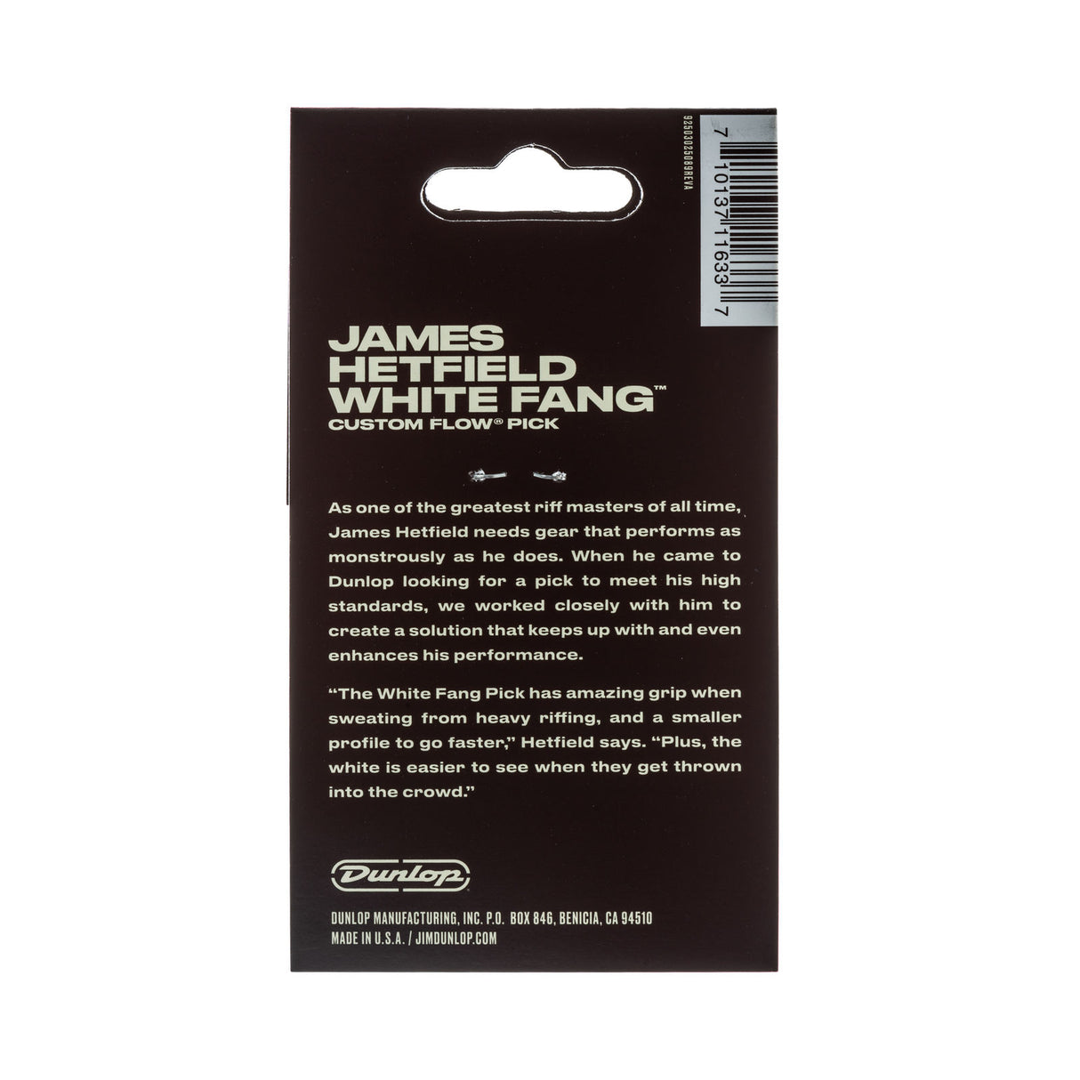 Dunlop James Hetfield White Fang guitar pick packaging with text on a white background