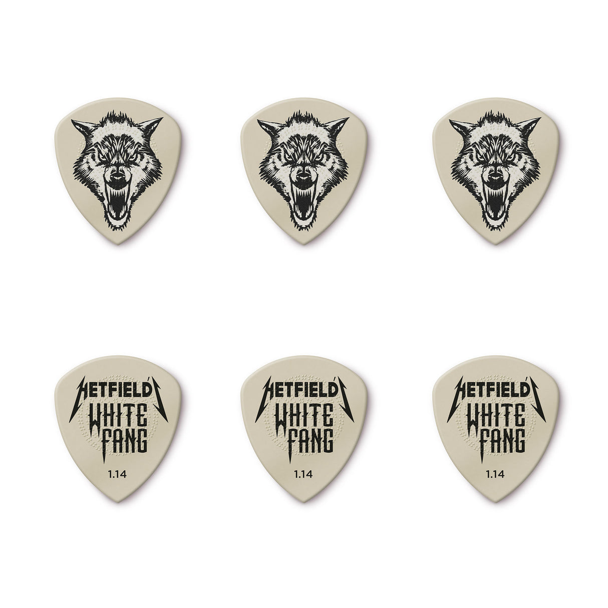 Set of six guitar picks with a wolf design and 'Hetfield White Fang' branding on a white background.