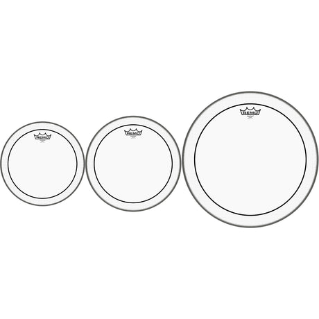 Front view of three Remo drumheads - all different sizes resting side by side on a white background.