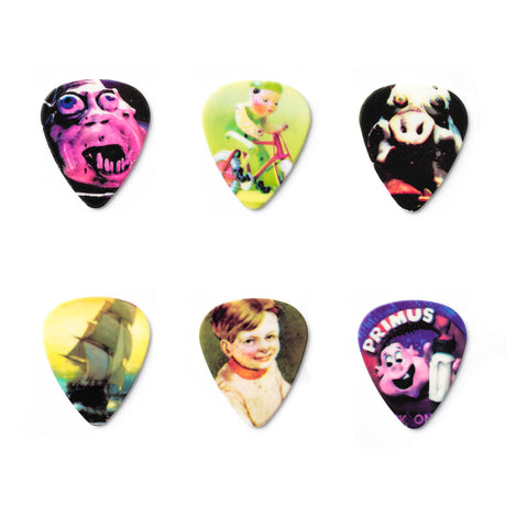 Set of colorful guitar picks with various designs on a white background