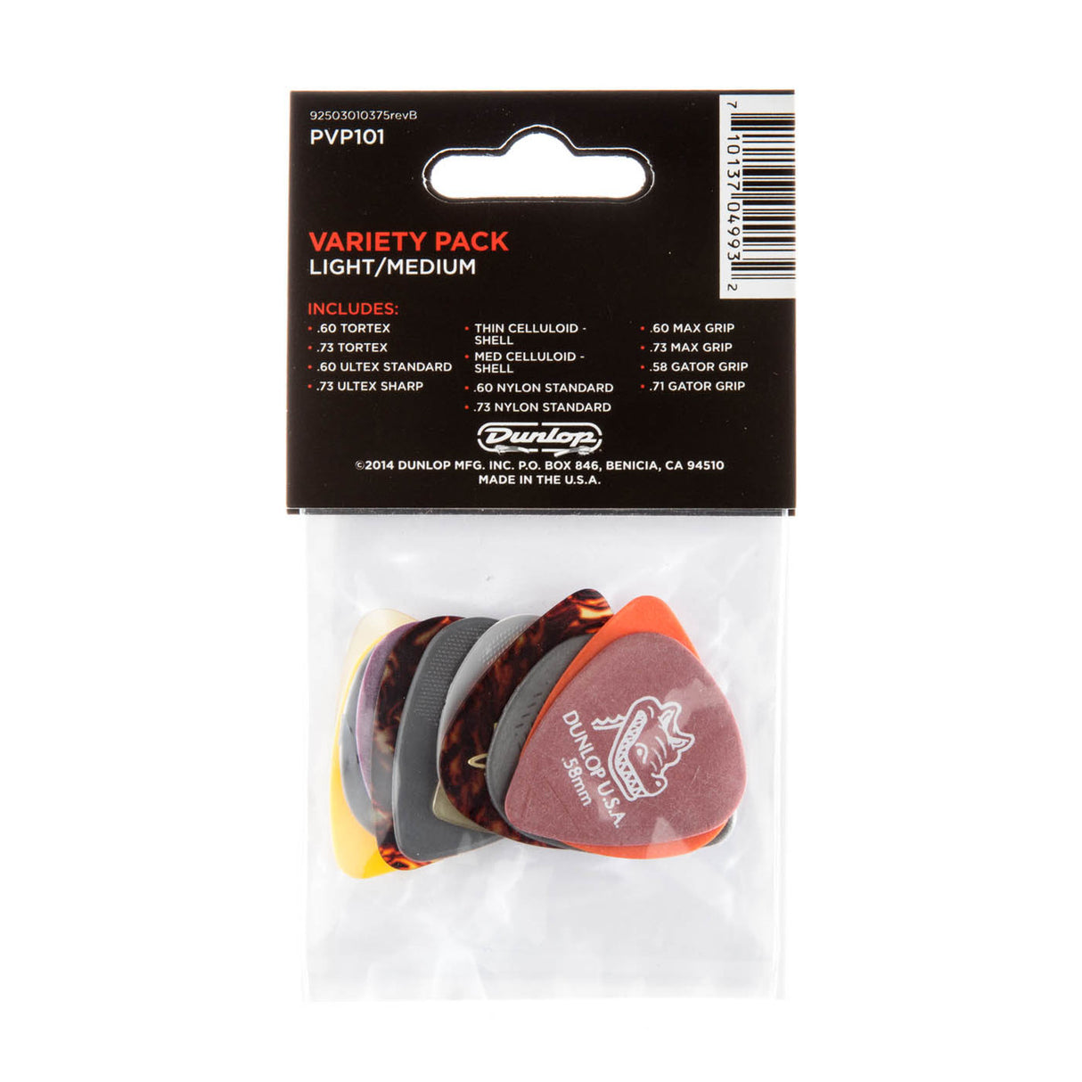 Pack of Dunlop guitar picks with a variety pack label on a white background