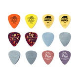 Collection of Dunlop guitar picks in various colors and sizes on a white background