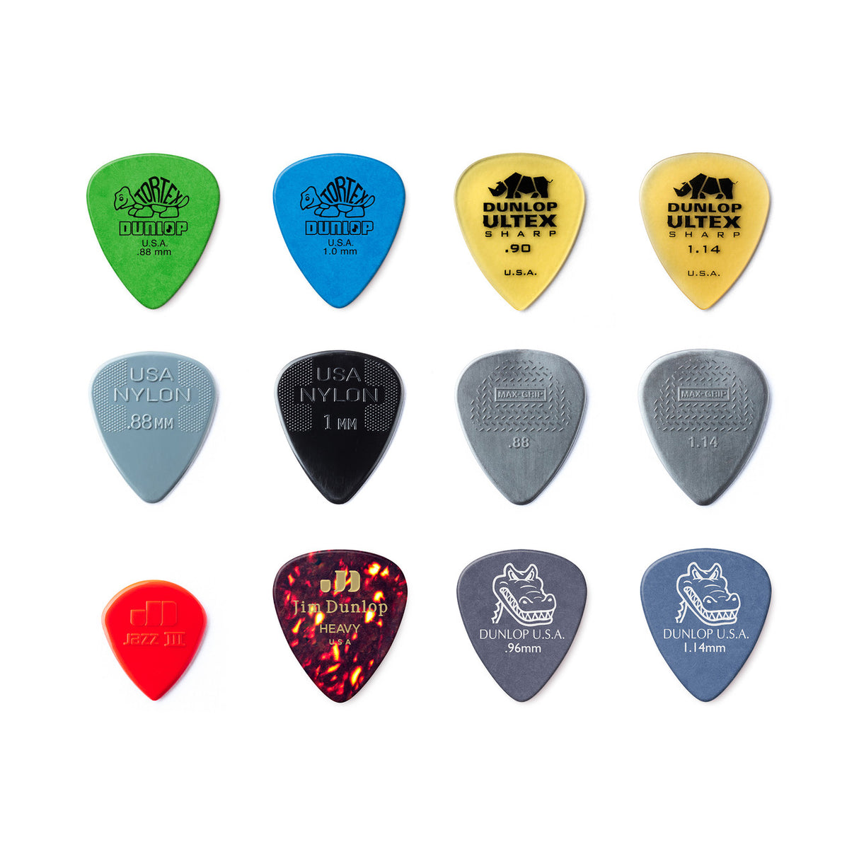 Collection of Dunlop guitar picks in various colors and sizes on a white background