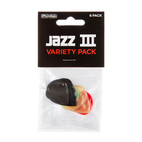 Pack of Dunlop Jazz III guitar picks with a variety of colors on a white background