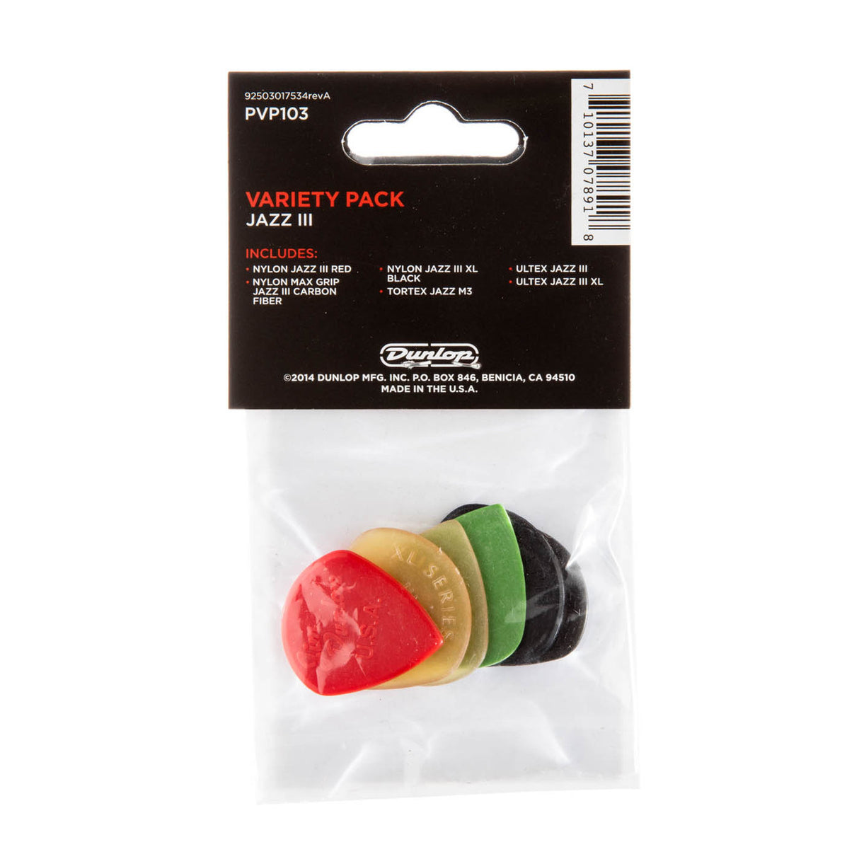 Packaged Dunlop guitar picks with a variety of colors on a white background