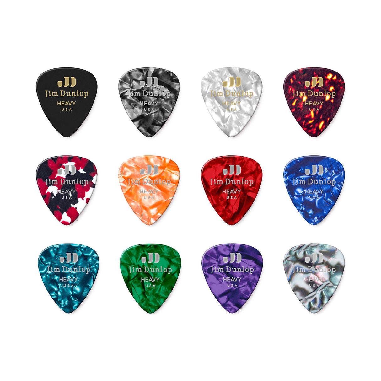 Set of Jim Dunlop guitar picks in various colors on a white background