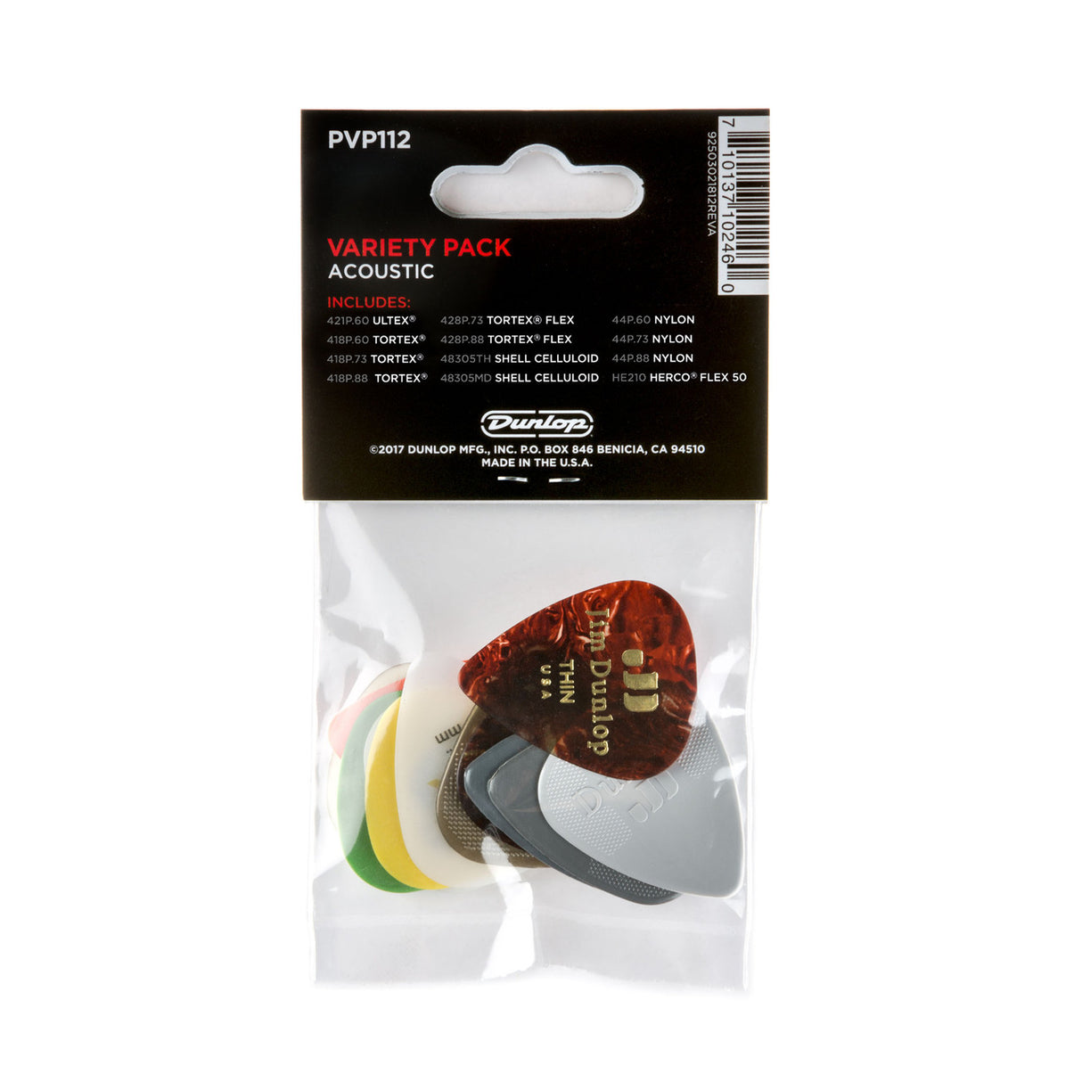 Dunlop guitar pick variety pack with picks inside - package is displayed on a white background