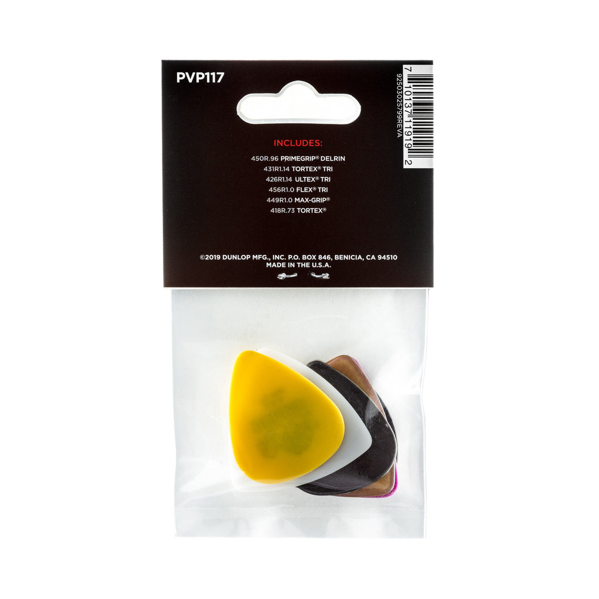 Packaged guitar picks with a Dunlop branded card on a white background