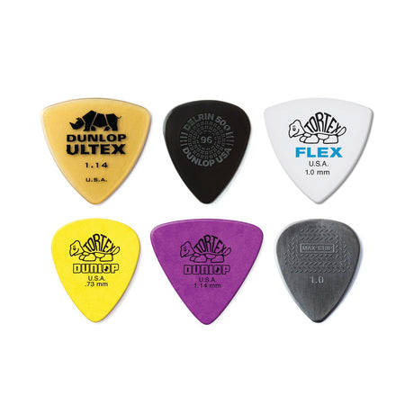 Set of Dunlop guitar picks in various colors on a white background