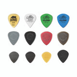 Set of Dunlop guitar picks in various colors on a white background