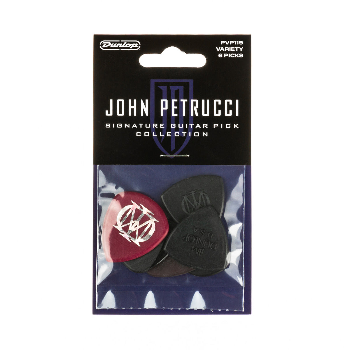 Pack of Dunlop John Petrucci guitar picks with a clear window on a black background