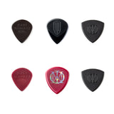 Six assorted guitar picks in a grid pattern on a white background