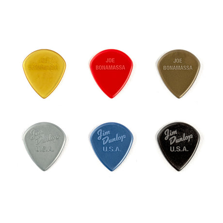 Set of six guitar picks in different colors with Joe Bonamassa and Dunlop brand names on a white background