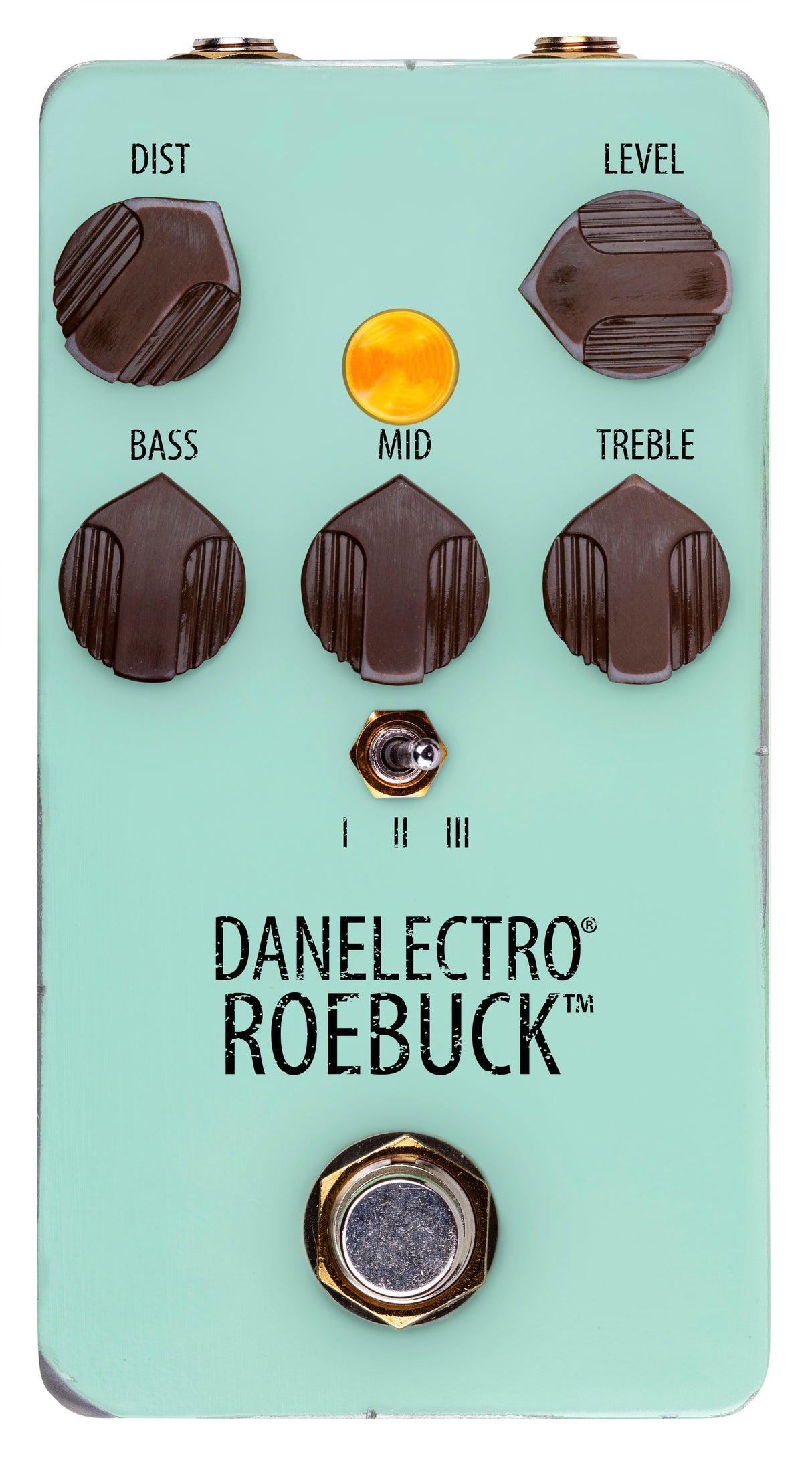 The image shows a Danelectro Roebuck guitar effects pedal in mint green. It is a distortion/overdrive pedal with controls for Distortion, Level, Bass, Mid, and Treble. It has an orange LED, a 3-position toggle switch for distortion modes, a footswitch, and input/output jacks at the top. Designed for tone shaping, it is popular for adding overdrive and vintage-style sounds to guitar setups.