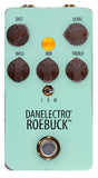 The image shows a Danelectro Roebuck guitar effects pedal in mint green. It is a distortion/overdrive pedal with controls for Distortion, Level, Bass, Mid, and Treble. It has an orange LED, a 3-position toggle switch for distortion modes, a footswitch, and input/output jacks at the top. Designed for tone shaping, it is popular for adding overdrive and vintage-style sounds to guitar setups.