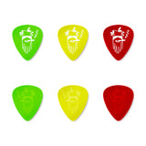 six guitar picks in a grid pattern on a white background