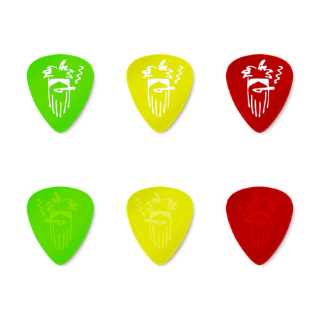 six guitar picks in a grid pattern on a white background