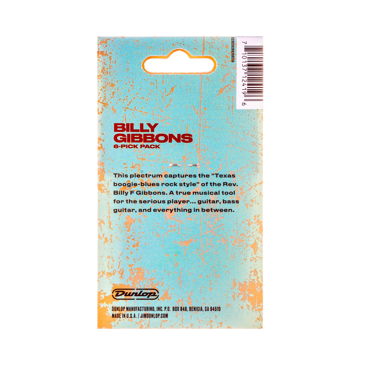 Packaging of Billy Gibbons guitar picks with a textured blue and orange design.