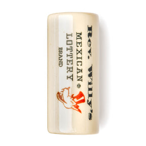 Ceramic guitar slide with Rev Willy's Mexican Lottery branding on a white background