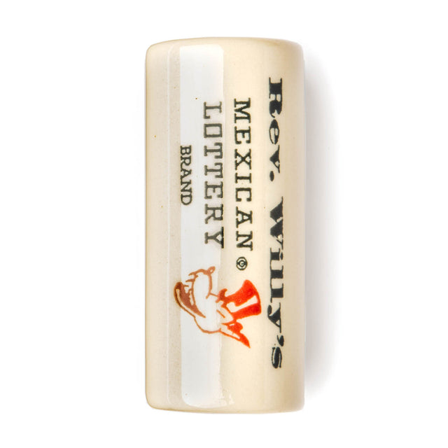 Ceramic guitar slide with Rev Willy's Mexican Lottery branding on a white background