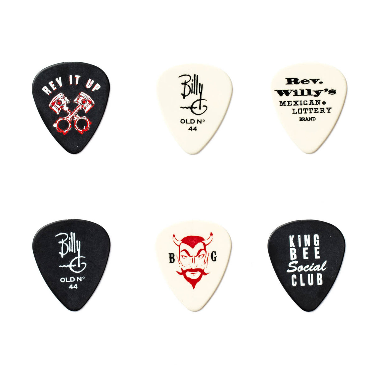 Set of six guitar picks with various designs and text on a white background