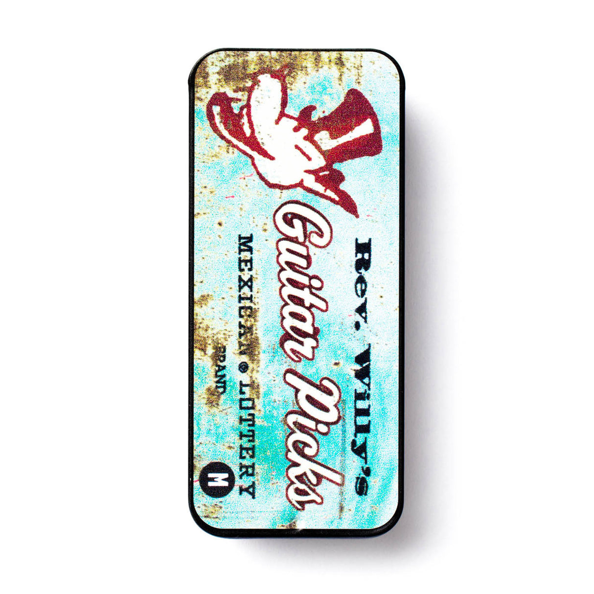 Guitar pick tin with Rev Willy's Mexican Lottery branding on a white background