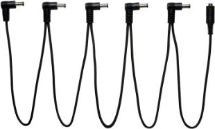 The image shows a daisy chain power cable with multiple right-angled DC barrel connectors, commonly used to power guitar effects pedals. It features several black cables branching from a single source, allowing multiple pedals to be powered simultaneously. This compact cable helps musicians streamline their pedalboard by replacing individual adapters with one centralized power supply connection.