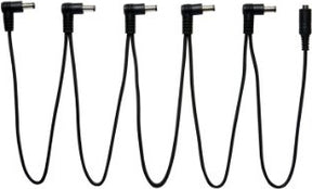 The image shows a daisy chain power cable with multiple right-angled DC barrel connectors, commonly used to power guitar effects pedals. It features several black cables branching from a single source, allowing multiple pedals to be powered simultaneously. This compact cable helps musicians streamline their pedalboard by replacing individual adapters with one centralized power supply connection.