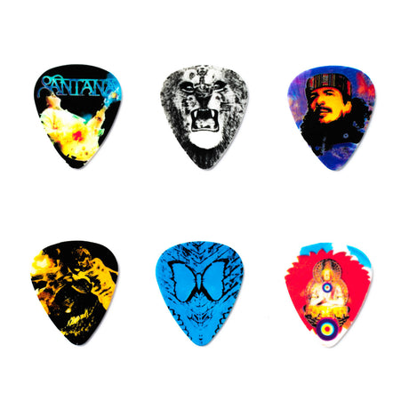 Set of six colorful guitar picks with various designs on a white background