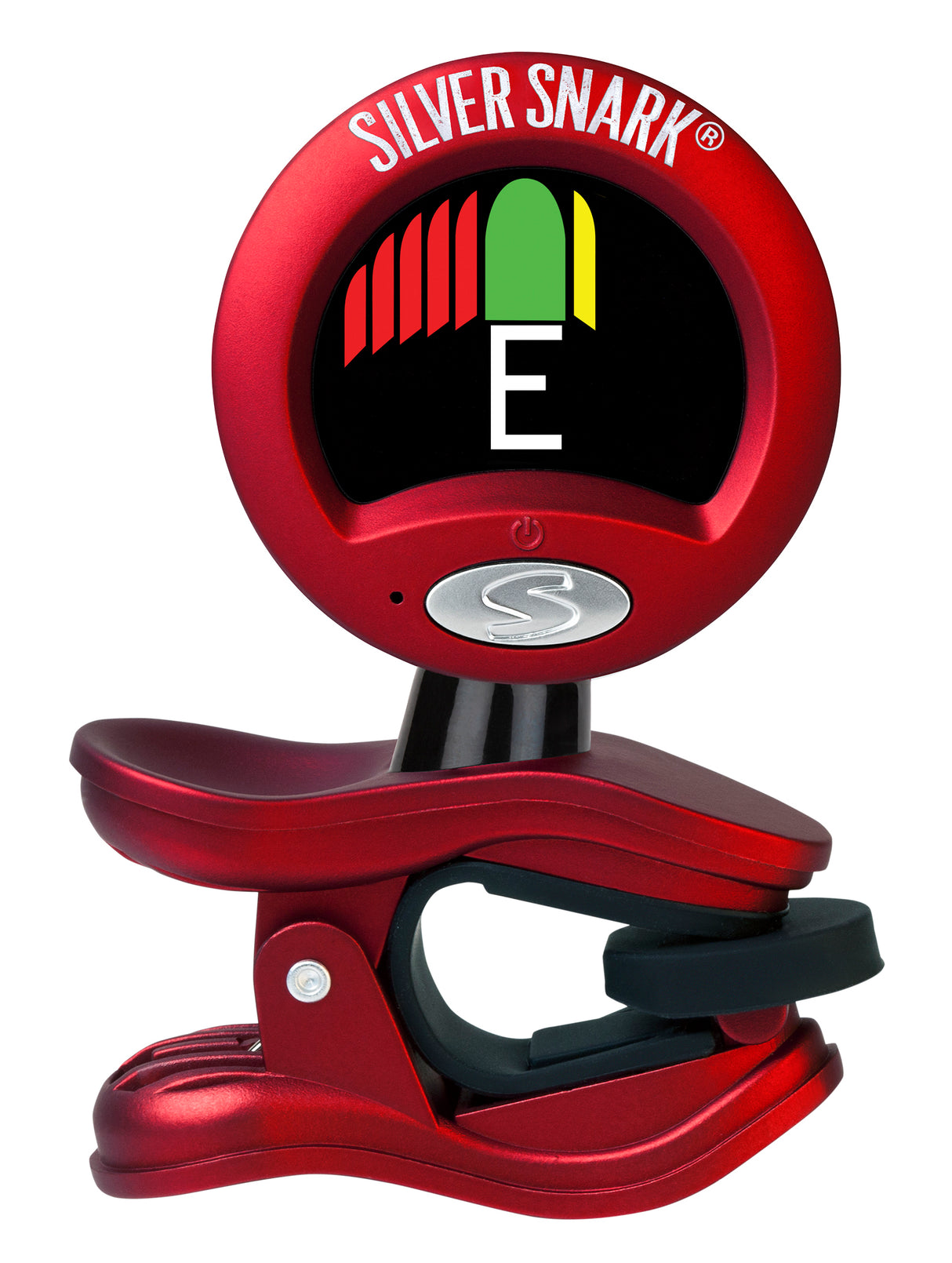 The image shows a red Snark clip-on chromatic guitar tuner with a circular display indicating the note "E" in white. It features a tuning meter with red bars for flat and green/yellow for in-tune/sharp, the "SILVER SNARK" brand name at the top, a clip for attaching to the instrument’s headstock, and an "S" logo button likely for power or mode selection. The tuner detects vibrations for accurate tuning in any environment.