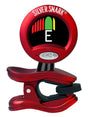 The image shows a red Snark clip-on chromatic guitar tuner with a circular display indicating the note "E" in white. It features a tuning meter with red bars for flat and green/yellow for in-tune/sharp, the "SILVER SNARK" brand name at the top, a clip for attaching to the instrument’s headstock, and an "S" logo button likely for power or mode selection. The tuner detects vibrations for accurate tuning in any environment.