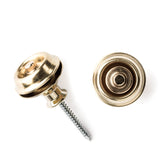 A pair of guitar straplocks with a brass finish on a white background