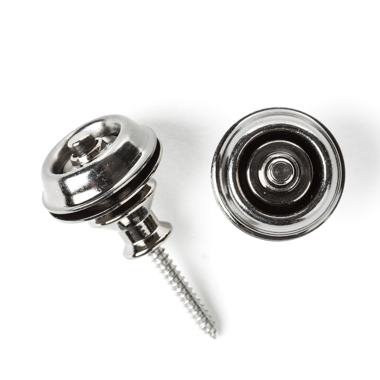 A pair of guitar straplocks with a black nickel finish on a white background