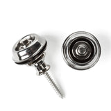 A pair of guitar straplocks with a black nickel finish on a white background