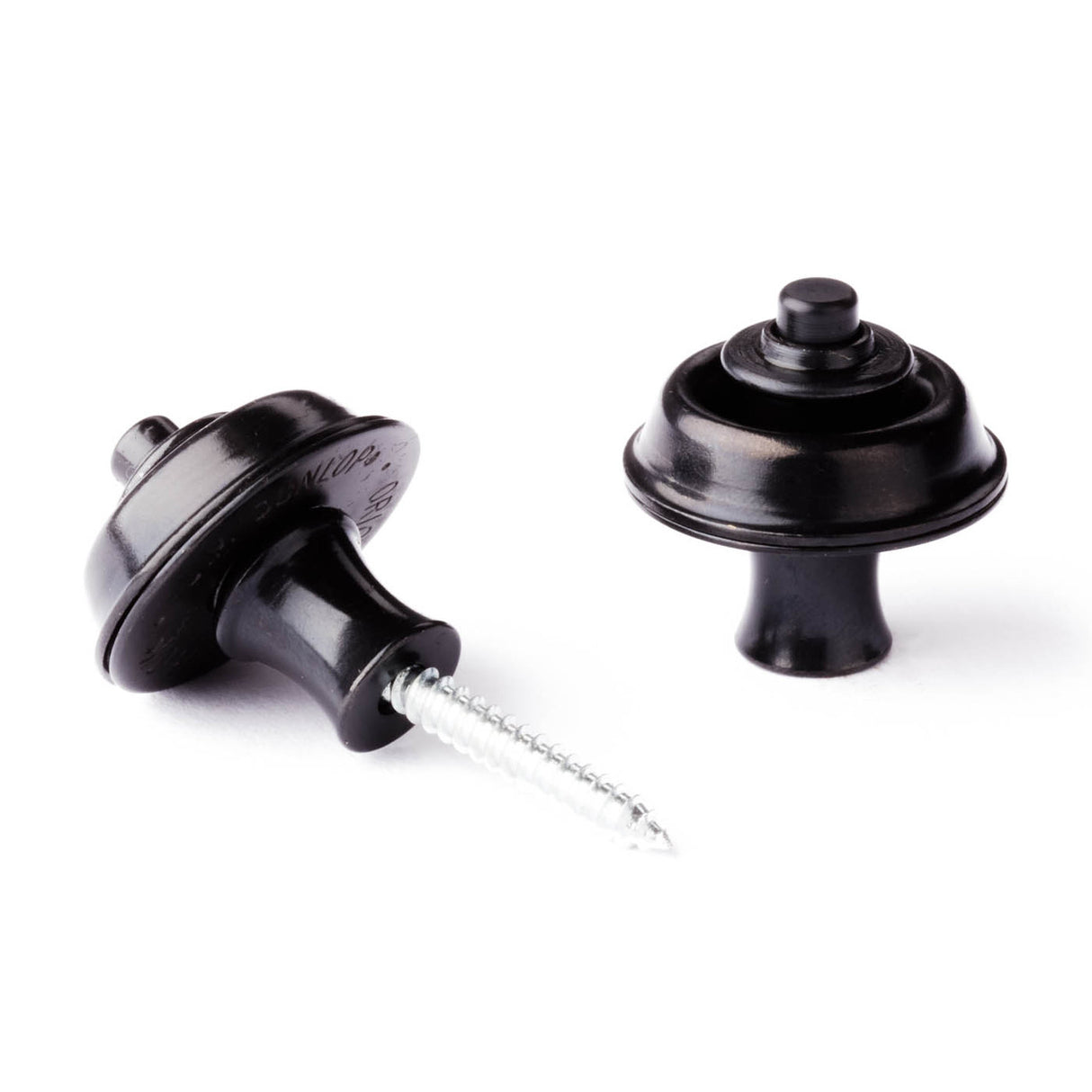 A pair of guitar straplocks with a black finish on a white background