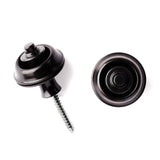 A pair of guitar straplocks with a black finish on a white background