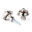 A pair of guitar straplocks with a nickel finish on a white background