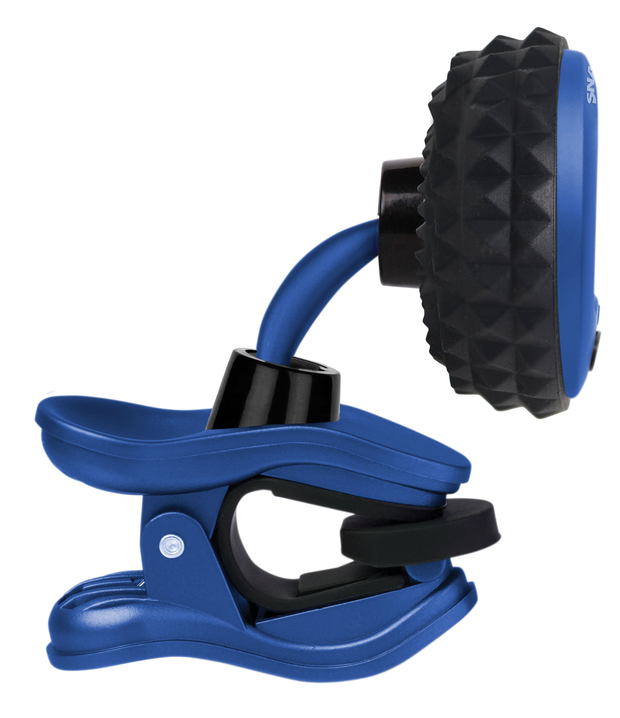 The image shows a predominantly blue guitar capo with black padded contact surfaces. It features a spring-loaded clamp for quick application, ergonomic design for comfortable grip, and padded bars to protect the guitar neck while applying even pressure. The capo raises the pitch by clamping across the fretboard, allowing guitarists to play in different keys using familiar chords. Suitable for both acoustic and electric guitars.