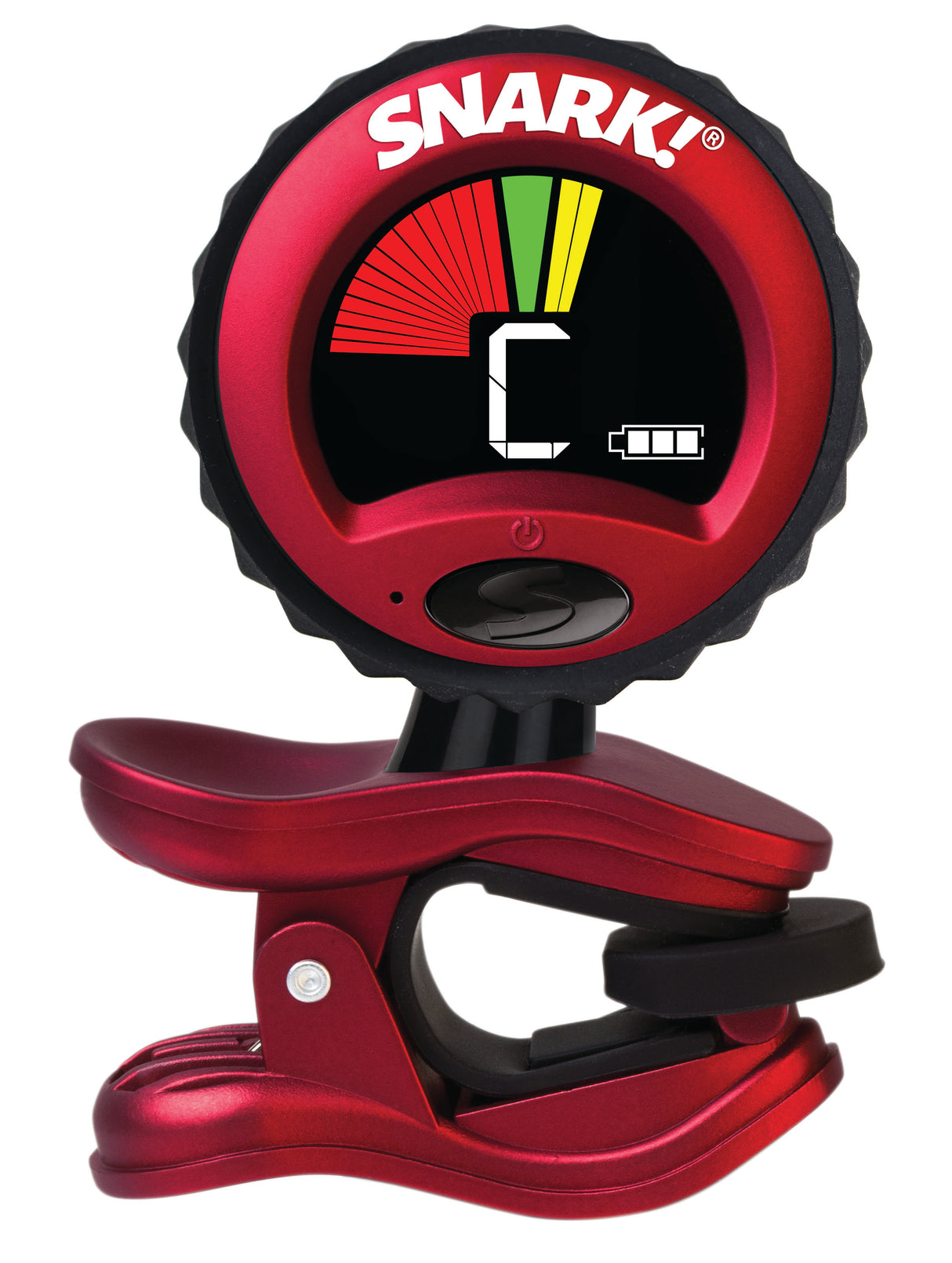 The image shows a Snark clip-on guitar tuner with a red and black design and the "SNARK!" logo. It has a circular LCD display with a multicolored arc indicating tuning status (flat, in tune, sharp) and shows the note "C." A clip at the bottom attaches to the instrument's headstock, and a power button is visible on the front. This popular tuner picks up vibrations for accurate tuning of guitars and other stringed instruments.