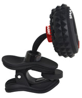 The image shows a black and red Snark clip-on electronic tuner with a spring-loaded clip for attaching to instruments. It features a flexible neck for adjusting the compact, textured display. This popular tuner detects vibrations, making it suitable for tuning guitars, basses, and other stringed instruments, offering convenient, accurate chromatic tuning with a bright, easy-to-read screen.