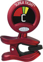 The image shows a red Snark "Super Tight" clip-on chromatic guitar tuner attached to a headstock. Its display features a central "C" note with a multicolored arc indicating flat, in tune, or sharp. The spring-loaded clip secures the tuner firmly. Designed for precise vibration-based tuning, it’s a popular, reliable tool for quickly tuning guitars and other stringed instruments, even in noisy settings.