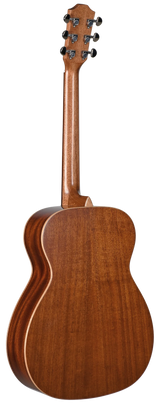 The image shows the back and headstock of an acoustic guitar with a rich brown wood finish and visible grain. It features cream binding, a glossy surface, six chrome tuning machines with black knobs in a 3+3 layout, and a classic angled headstock. The body has a traditional dreadnought shape, highlighting quality craftsmanship and materials, likely mahogany or similar hardwood, suitable for various music styles.