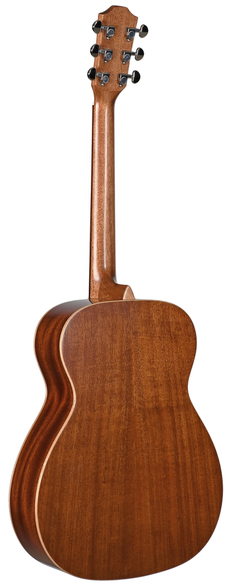 The image shows the back and headstock of an acoustic guitar with a rich brown wood finish and visible grain. It features cream binding, a glossy surface, six chrome tuning machines with black knobs in a 3+3 layout, and a classic angled headstock. The body has a traditional dreadnought shape, highlighting quality craftsmanship and materials, likely mahogany or similar hardwood, suitable for various music styles.