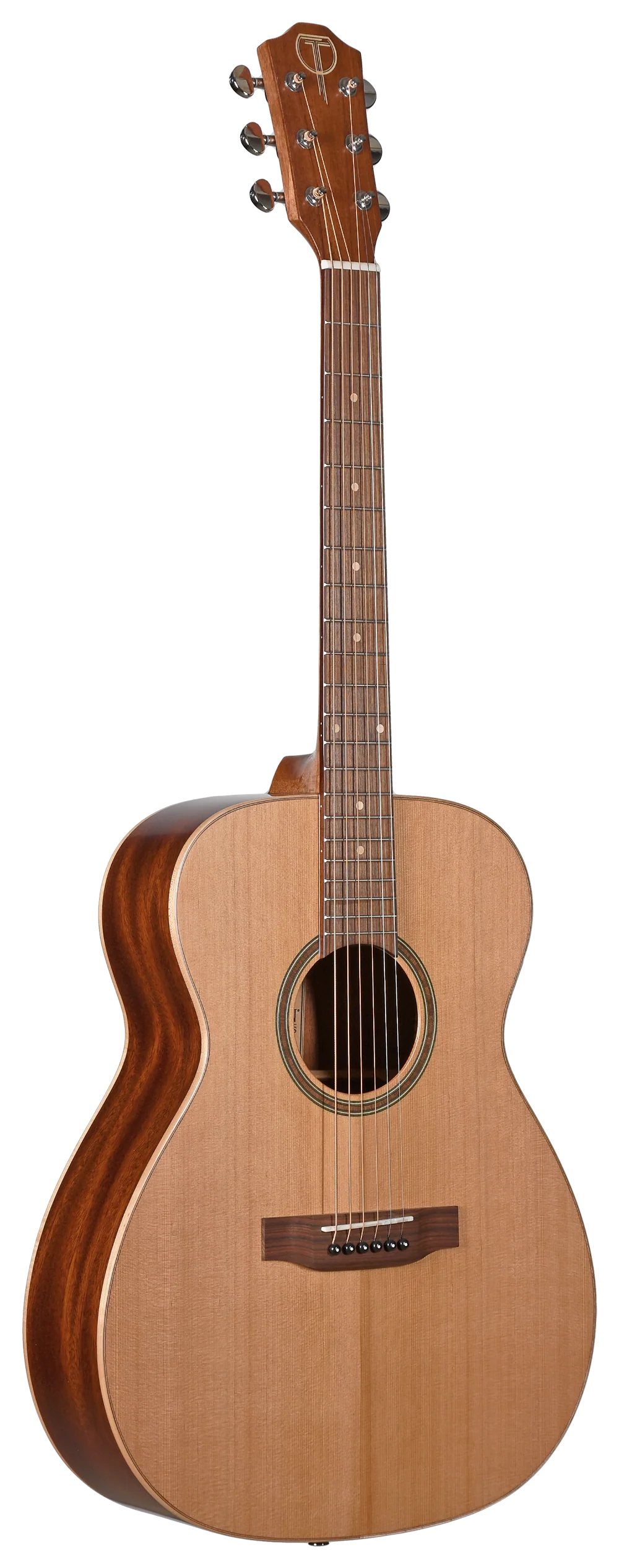 The image shows a classic acoustic guitar with a light-colored wood top and darker wood back and sides. It features six tuning pegs on the headstock, a wooden bridge, and a fretboard with dot markers. The guitar has a natural wood finish highlighting the grain and a large central sound hole, representing a well-crafted instrument with traditional design and professional-quality construction.